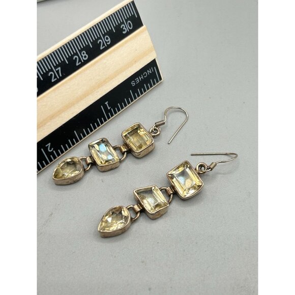 Citrine Glass Sterling Silver Dangles Earrings Dangles Geometric Drops Design - Picture 7 of 8